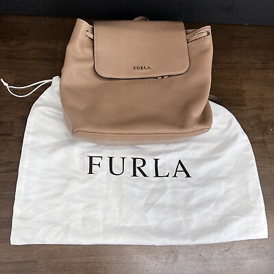 #ad Furla Tan Flap Tie Backpack Women’s Leather Gold Accents With Dustbag