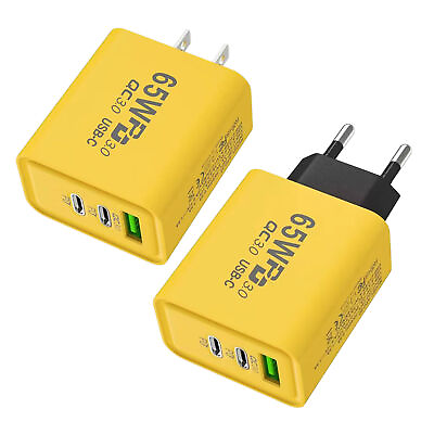 #ad 1 2Pcs Yellow 65W Fast Charging Power Adapter Dual 2 Type C USB Charger Block