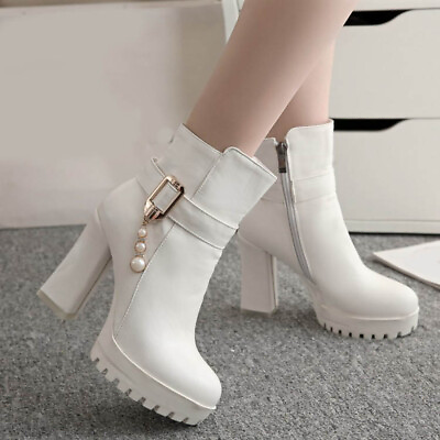 #ad Womens Platform Buckle Ankle Boots Punk High Block Heels Round Toe Shoes