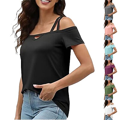 #ad Womens Spaghetti Straps Off the Shoulder Shirts Solid Casual Short Sleeve Tops