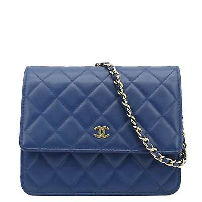#ad CHANEL Square Wallet On Chain Quilted Leather Crossbody Bag Blue