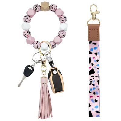 #ad Wristlet Keychain Bracelet with Lanyard for Keys E light Pink Pattern