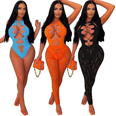 #ad Sexy New Women Open Front Sleeveless Hollow Out Patchwork Swimwear 2pcs Pool