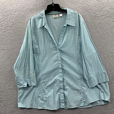#ad Riders by Lee Shirt Womens 3X Button Up Blouse Top Striped 3 4 Sleeve Blue*