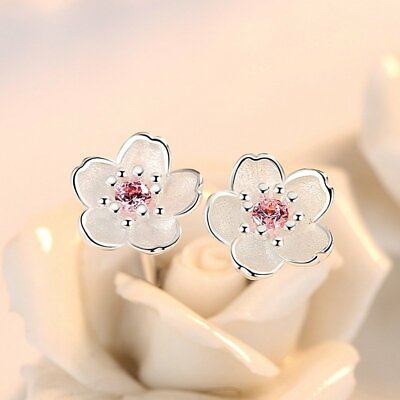 #ad 925 Silver Cherry Pink Flower Zircon Earrings Stud Wedding Women Jewellery