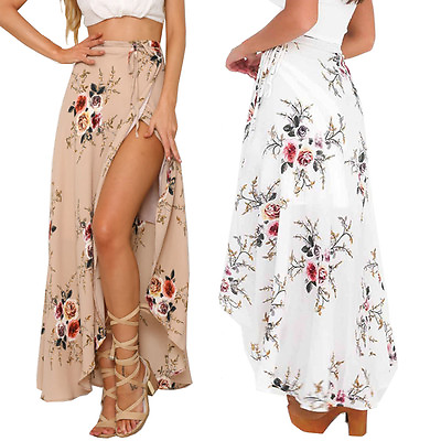 #ad Women Boho Chiffon High Waist Summer Beach Long Maxi Dress Floral Split Skirt US