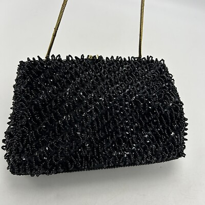 #ad Vtg Black Beaded Sequin Evening Bag Purse Hong Kong Gold Tone Kiss Lock Read