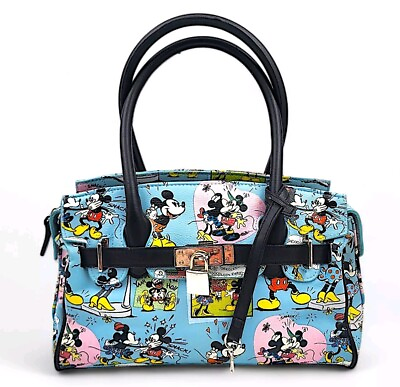 #ad Disney Parks Minnie Mickey Mouse Comic Purse Handbag Lock Key Blue Shoulder Bag