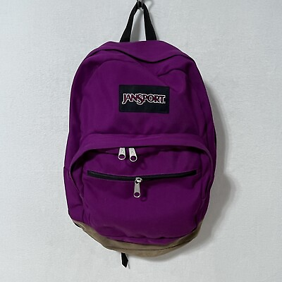 #ad Vintage Jansport Leather Bottom Purple 3 Compartment Backpack Bookbag