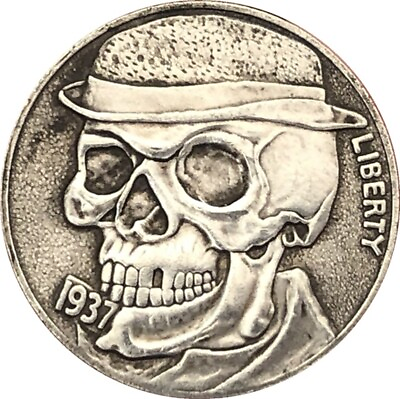 #ad 1937 Hobo Nickel Coin Five Cents Art Collectibles Gift Smile Skull Wear Hat