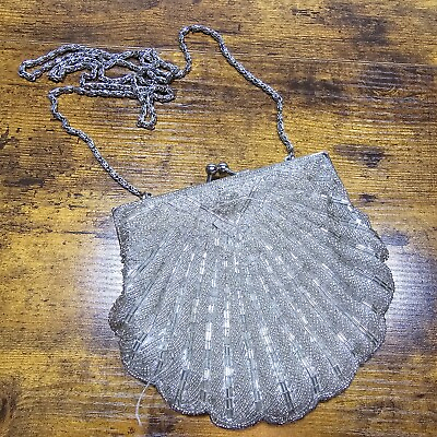 #ad VTG La Regale Silver Beaded Clutch Purse Clam Shell Long Chain Evening Bag