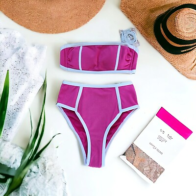 #ad NEW Terry Textured Women#x27;s Solid Bandeau Bikini Kona Sol Hot Pink Hight Waist XL