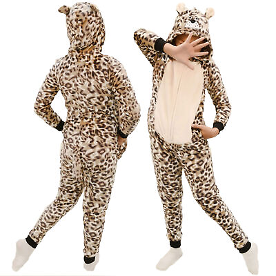 #ad Kids Animal Jumpsuit Girls Boys Leopard Cat Hooded One Piece Pajamas Unisex S L