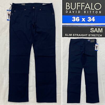 Buffalo SAM Navy Blue Denim Jeans Men#x27;s Size 36 x 34quot; Slim Fit Straight Leg $32.95