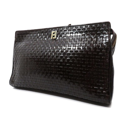 #ad Fendi Ff Logo Metal Fittings Braided Mesh Intrecciato Leather Clutch Bag 84591