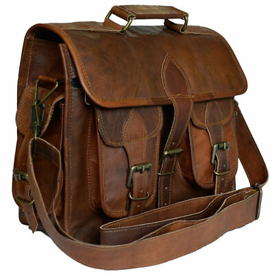 Vintage Brown Messenger Shoulder Bag Men#x27;s Real Goat Laptop Briefcase Leather $52.20