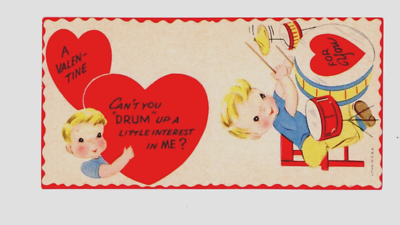 #ad Vintage Valentine Card NOS FOLDS BOY ON DRUMS HEARTS UNUSED