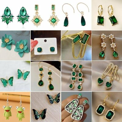 #ad Green Crystal Geometric Zircon Women Earrings Stud Luxury Wedding Jewelry Gift