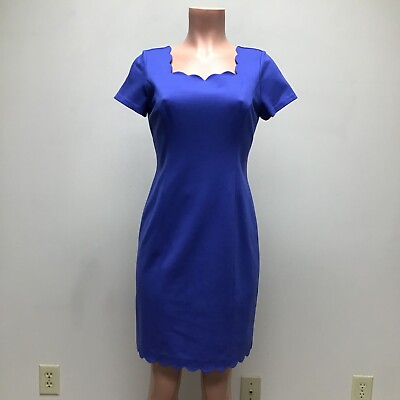 #ad Talbots Women Blue Scallop Hem amp; Neck Short Sleeve Back Zip Sheath Dress 6P $129