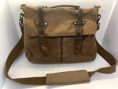 #ad Brown Leather amp; Tan Canvas Briefcase Messenger Men’s Commuter Bag