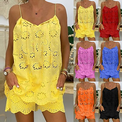 #ad Women Two Piece Outfit V Neck Shorts Set Lace Up Sleeveless Tank Tops Lounge Set