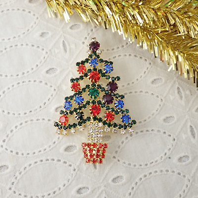 #ad Large VTG Colorful Rhinestone Gold Tone Potted Christmas Tree 3 1 4quot; Pin Brooch