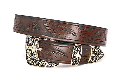 #ad Western Belt Leather Gold Longhorn Bull Horse Head Coffee Belt for Pants Size 46