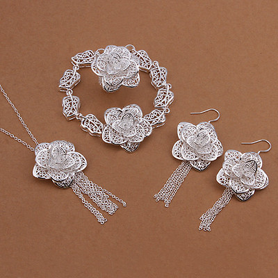 #ad wedding cute nice silver Fashion Women flower Earring Bracelet Ring Necklace Set