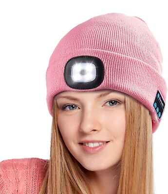 #ad Pink Bluetooth Music Beanie Hat Handsfree Speaker LED Head Lamp Light Hat