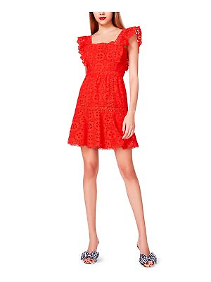 #ad BETSEY JOHNSON Womens Orange Flutter Sleeve Square Neck Mini Fit Flare Dress 4