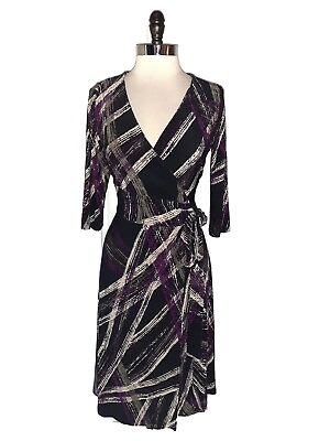 #ad JONES NEW YORK Size 10 Wrap Dress Black Purple Beige 3 4 Sleeve Stretch