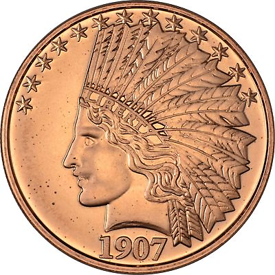 #ad 1 oz Copper Round 1907 Indian