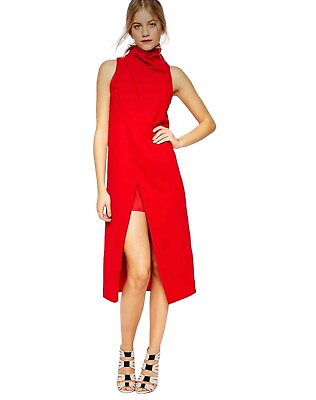 #ad C MEO Collective Womens Dress Siz XS Red Midi Wrap Fading Hearts Designer Formal