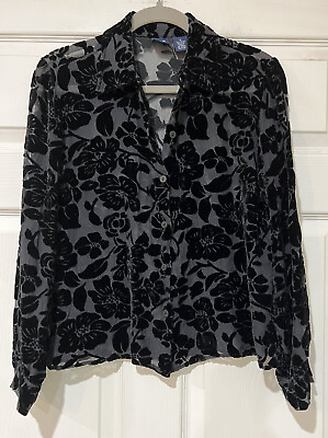 #ad GAP Women’s Size Medium Black Floral Burnout Rayon Silk Button Up Top Gorgeous