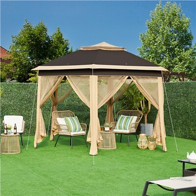 #ad Hexagonal Garden Folding Tent Heavy Duty Pop Up Gazebo With Net and 2 Tier Roof