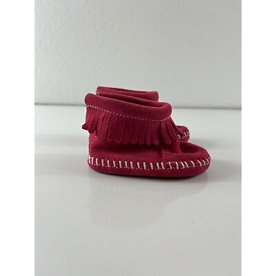 #ad Minnetonka Infant Back Flap Suede Fringe Bootie Moccasins Baby Size 1 Red Pink