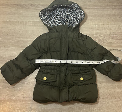 #ad Pink Platinum Girls green leopard print Puffer Jacket Pockets Hood Coat size 18m