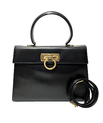 #ad Salvatore Ferragamo Top Handle Bag Black Leather From JAPAN0142