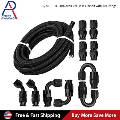 #ad 4 6 8 10AN Black Nylon PTFE Fuel Line 10 20ft 10 Fittings Hose Kit E85 US