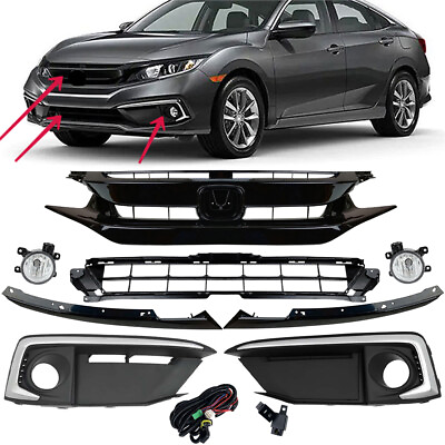 #ad 8PCS For Honda Civic Sedan 2019 21 Front Upper Lower Grille Fog Lights Kits Set