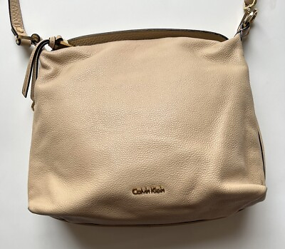 #ad Calvin Klein Faux Leather Hobo Handbag Beige Color