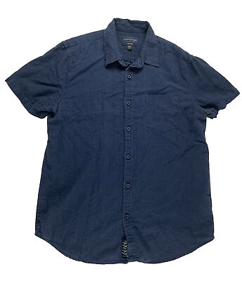 #ad Lucky Brand Linen Shirt Adult Medium Denim Blue Short Sleeve Button Down Mens M