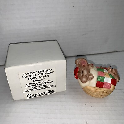 #ad 1988 Current Critters Christmas ornament mouse nutshell bed To Grandma Love LuLu