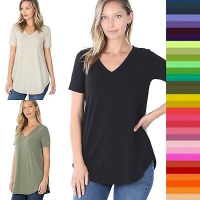 Zenana Women V Neck Short Sleeve T Shirt Rayon Relaxed Fit Top Size S M L XL USA