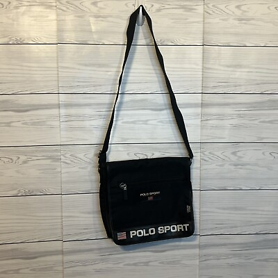 #ad Vintage 90#x27;s Ralph Lauren Polo Sport Black Messenger Crossbody Bag Flag Logo