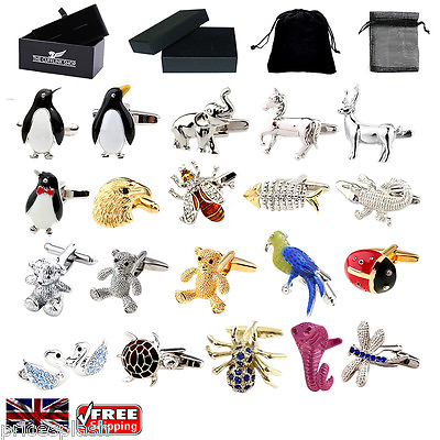 #ad Men#x27;s Animal Cufflinks Elephant Eagle Penguins Croc Cufflinks amp; Gift Box Pouch