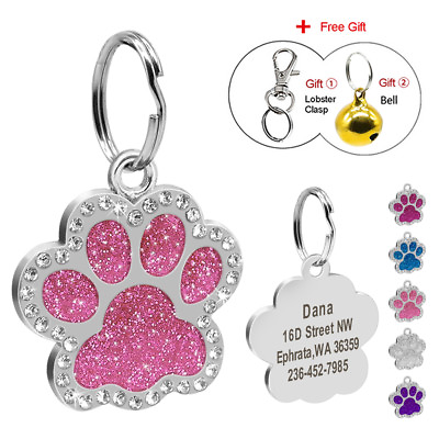 #ad Laser Glitter Paw Custom Engraved Pet ID Tag Bling Personalized Dog Cat Tags