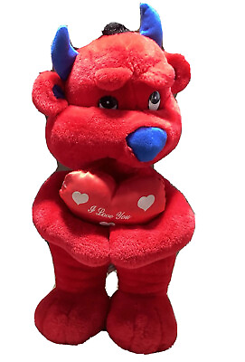 #ad 50cm Vintage I Love You Heart Holding Red Devil Blue Horns Soft Plush Show Toy