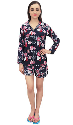 #ad Bimba Navy Blue Floral Print Women Sleepwear Shirt amp; Shorts 2 Pcs Nightwear
