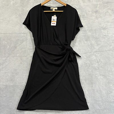 #ad MICHAEL KORS Dress Womens Small Short Sleeve Faux Wrap Black Solid V Neck NWT